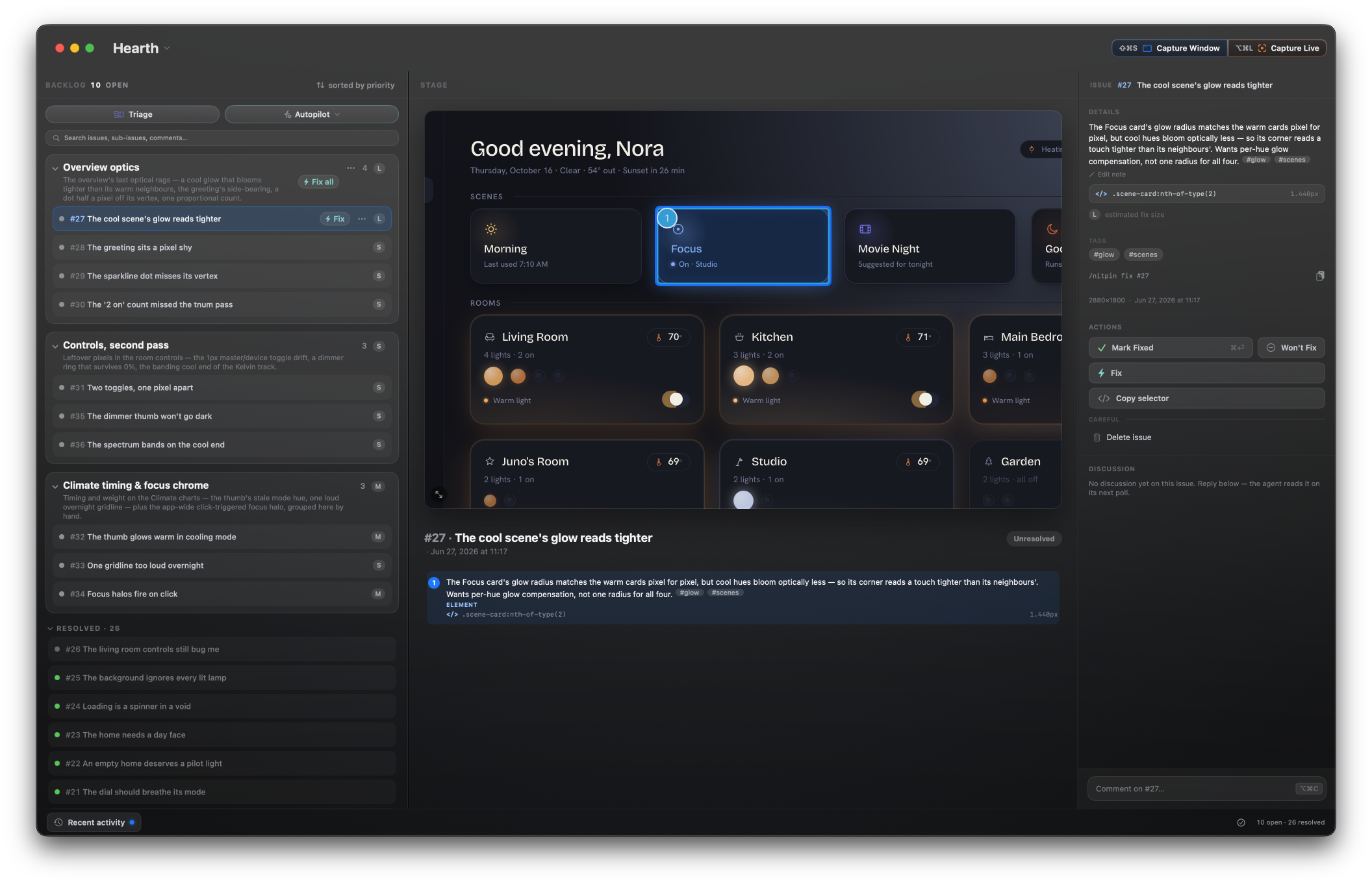 The nitpin Cockpit showing the Hearth project: backlog of issues on the left, a frozen smart-home overview on the stage, the issue inspector on the right.