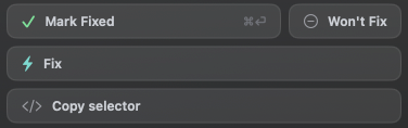 Inspector actions: Mark Fixed, Won't Fix, Fix, Copy selector.