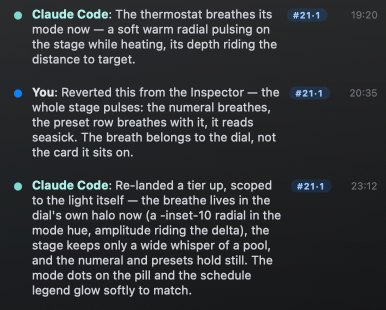 A discussion thread on an issue: the agent describes its fix, the human pushes back from the Inspector, the agent re-lands it scoped tighter.