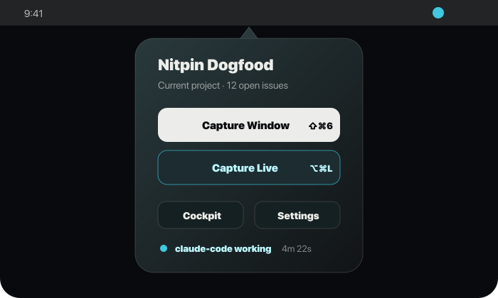 nitpin menu-bar popover with capture controls and current project status.